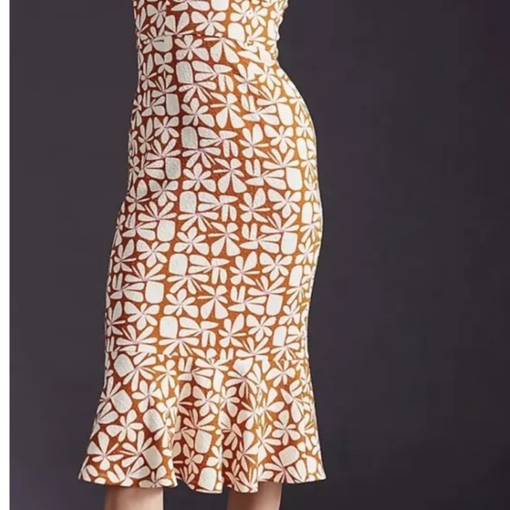 Hutch Anthropologie Floral print form fitting Midi Dress brown and cream - Picture 6 of 14